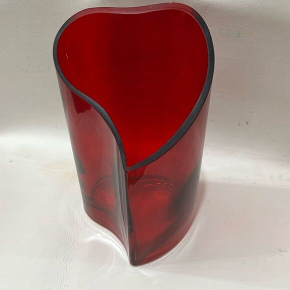 A bouquet of five purple and yellow roses arranged in a  Ruby Red Glass Heart Vase Center Piece Wedding Valentine Day Love 8 3/4 In Tall